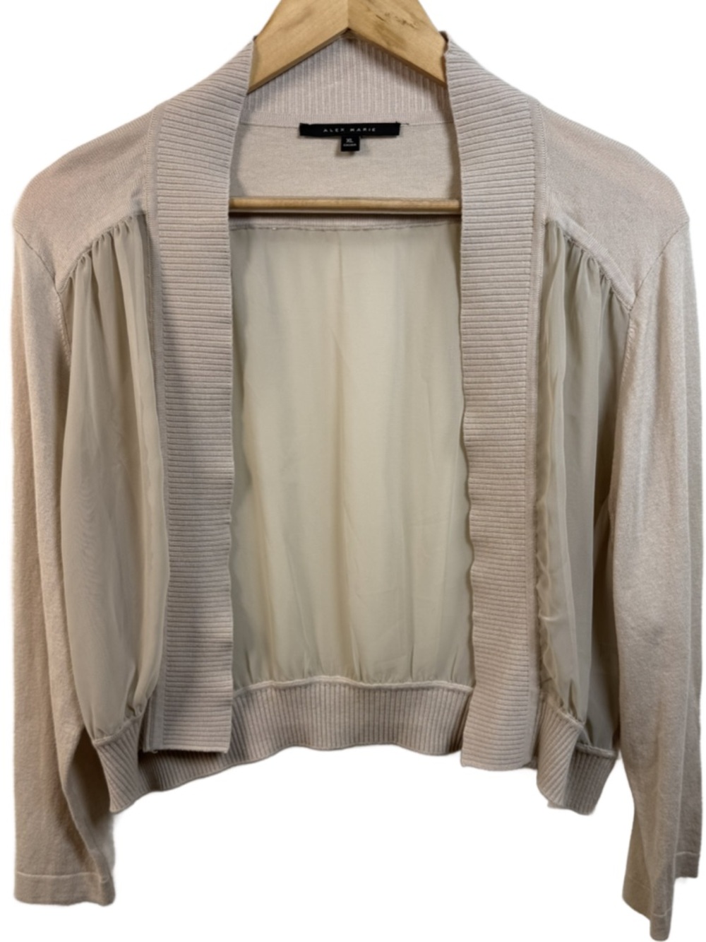 Alex Marie Light Beige Open-Front Cardigan with Sheer Panels